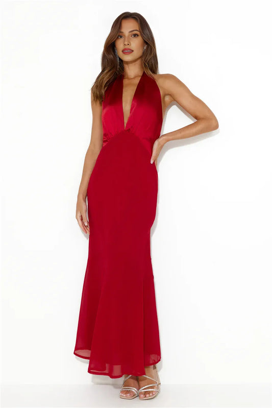 Mermaid Halter Open Back Satin Red Maxi Prom Dress With Flared Hem Custom