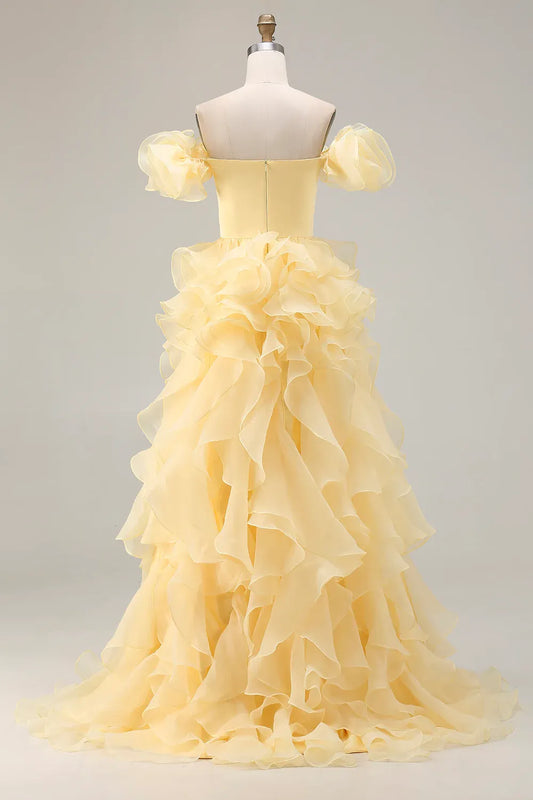 Mermaid Off-Shoulder Ruffle Yellow Prom Dress With Sweep Train