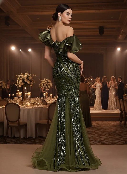 Mermaid V Neck Ruffle Sequin Olive Green Floor Length Evening Dress