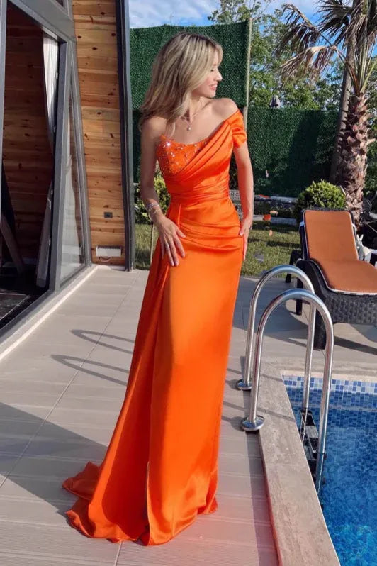 Mermaid One Shoulder Beaded Pleated Orange Train Prom Dress With Streamer