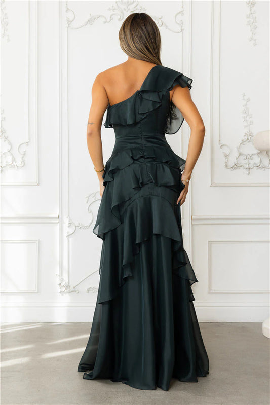 Mermaid One Shoulder Ruffle Hunter Green Floor Length Prom Dress With Slit