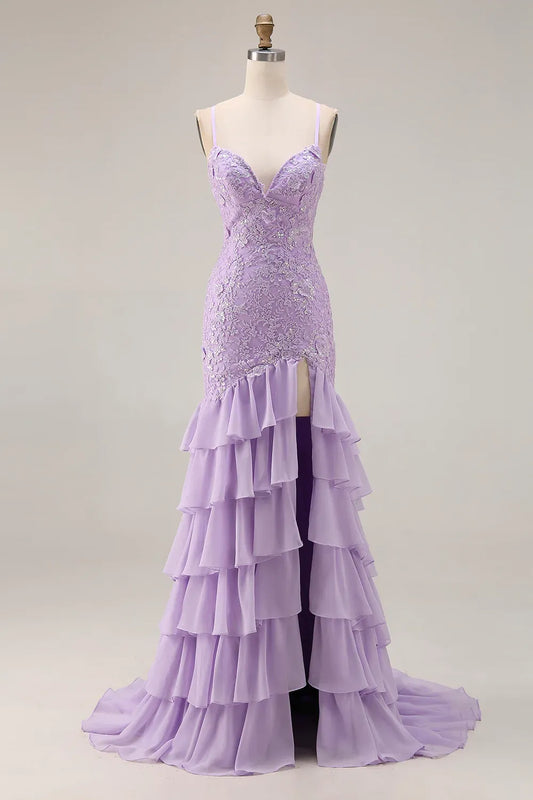 Mermaid Spaghetti Strap Appliqued Tiered Ruffle Lilac Maxi Prom Dress With Slit