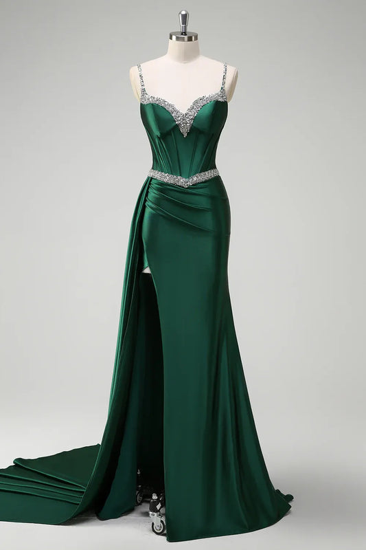 Mermaid Spaghetti Strap Corset Beaded Emerald Maxi Prom Dress With Streamer