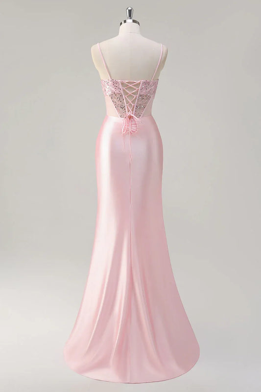 Mermaid Spaghetti Strap Corset Ruched Sequin Beaded Pink Maxi Prom Dress
