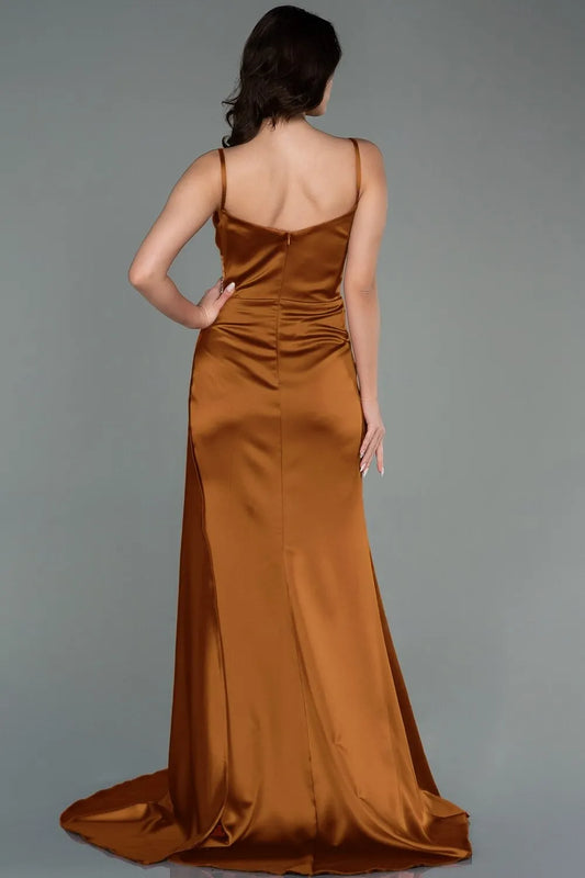 Mermaid Spaghetti Strap Ruched Beaded Satin Copper Maxi Prom Dress With Slit