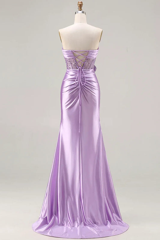 Mermaid Strapless Corset Ruched Sequin Lavender Prom Dress With Slit