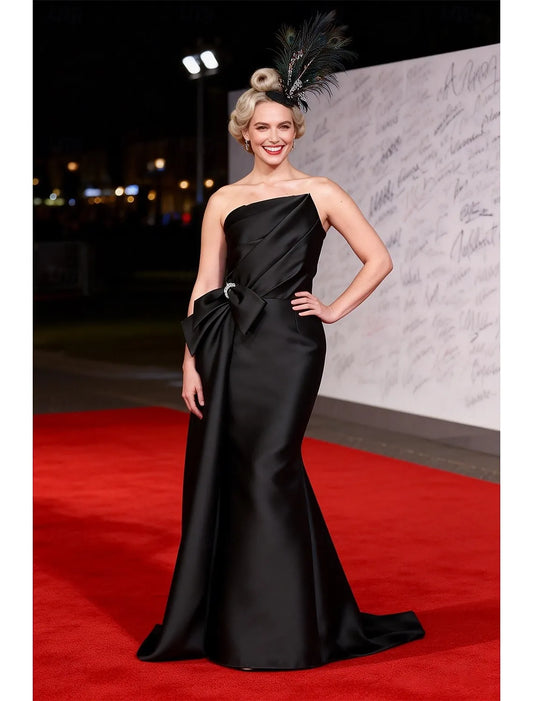 Mermaid Strapless Pleated Bow Satin Black Maxi Prom Dress With Train