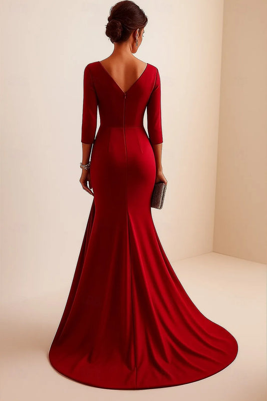 Mermaid V-Neck 3/4 Sleeve Ruched Satin Red Floor Length Prom Dress
