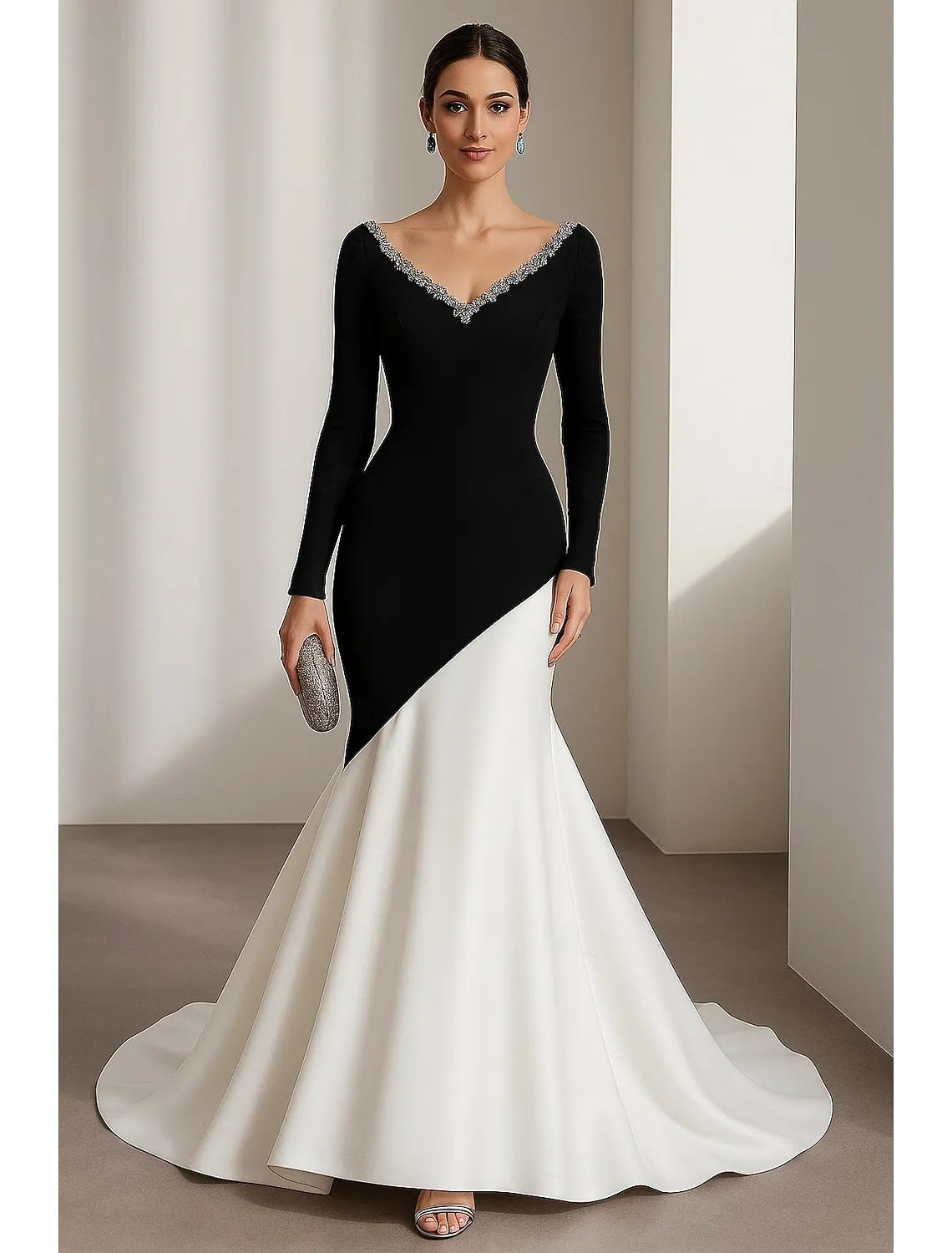 Mermaid V-Neck Long Sleeve Crystals Beaded Color Block Black White Evening Dress