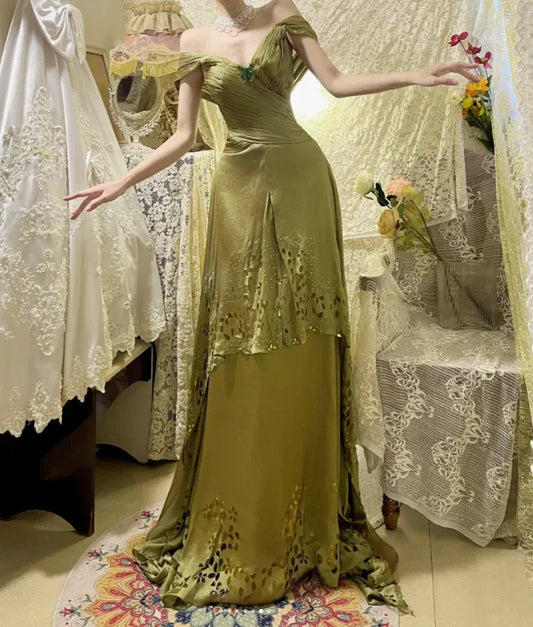 Mermaid V Neck Pleated Beaded Sage Green Train Evening Dress For Sale