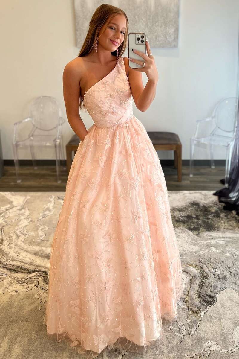 DingJiDress A Line Prom Dress One Shoulder Pink Polyester With 3D Butterfly