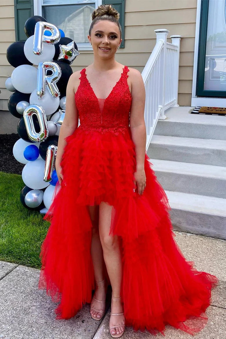 DingJiDress Straps V Neck Tulle High Low Prom Dresses With Applique