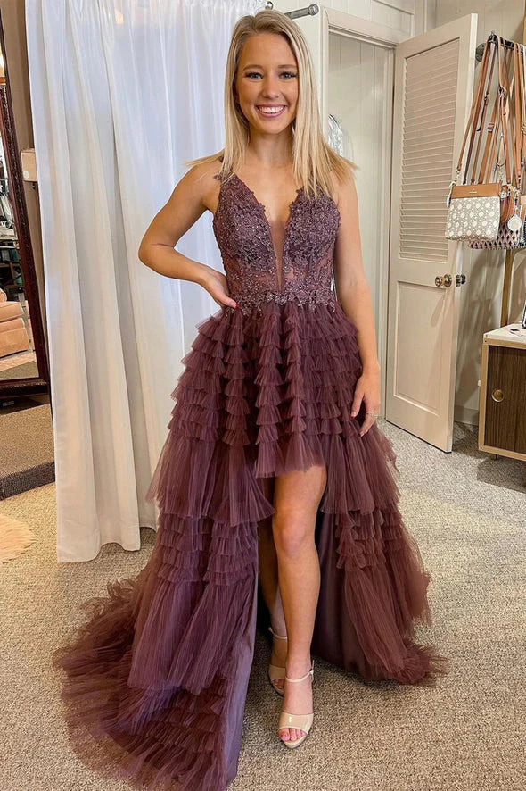 DingJiDress Straps V Neck Tulle High Low Prom Dresses With Applique