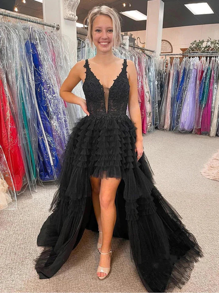 DingJiDress Straps V Neck Tulle High Low Prom Dresses With Applique