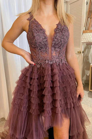 DingJiDress Straps V Neck Tulle High Low Prom Dresses With Applique