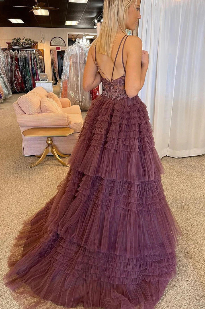 DingJiDress Straps V Neck Tulle High Low Prom Dresses With Applique