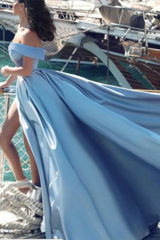 DingJiDress Evening Dresses Modest Off The Shoulder Blue Satin Long Prom Dresses