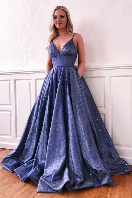 Modest Spaghetti Straps Blue V-neck Long Prom Dresses With Pockets