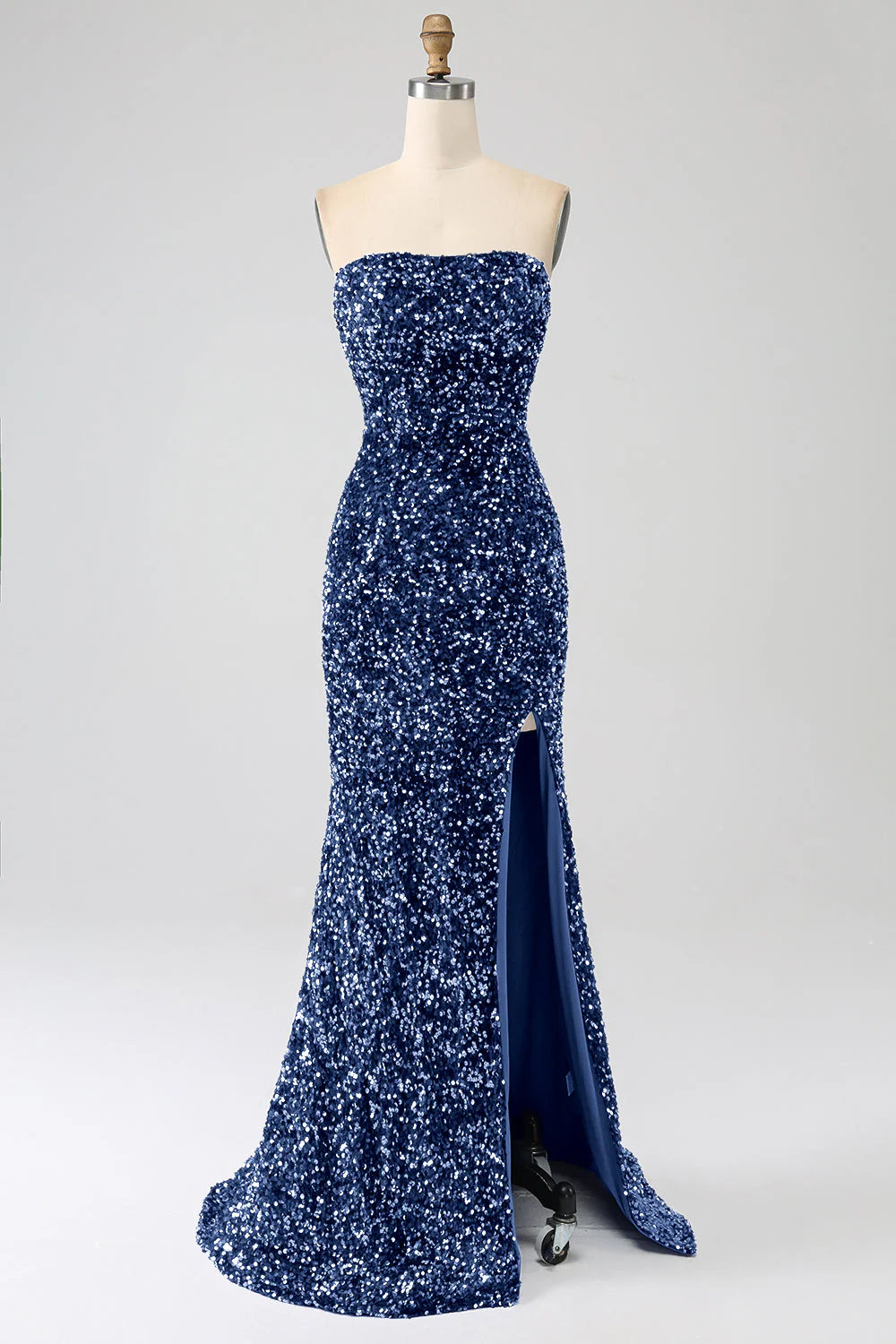 DingJiDress Pink Mermaid Strapless Sequins Long Prom Dress With Slit