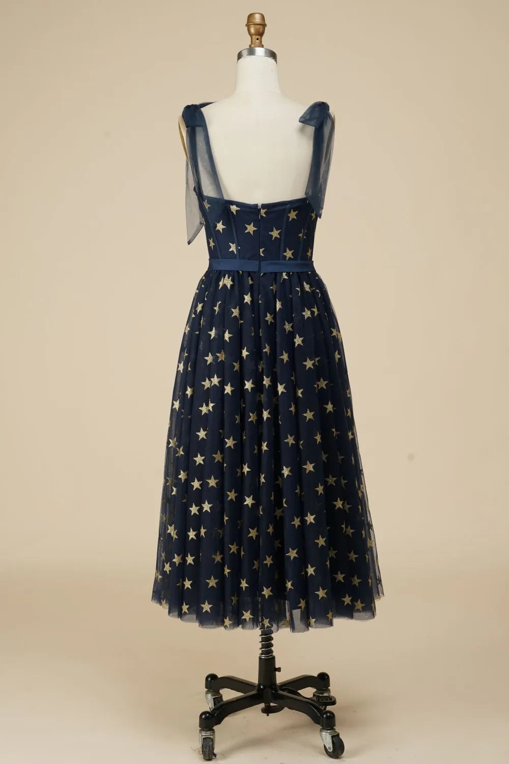 DingJiDress Navy A-Line Tea Length Party Dress WIth Star Pattern