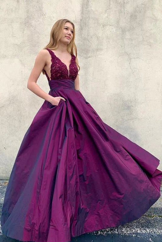 DingJiDress Prom Dresses A Line Backless V Neck Satin With Applique