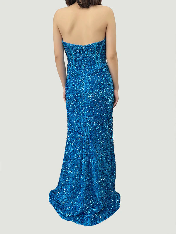 DingJiDress Ocean Blue Velvet Sequin Strapless Fitted Prom Dresses