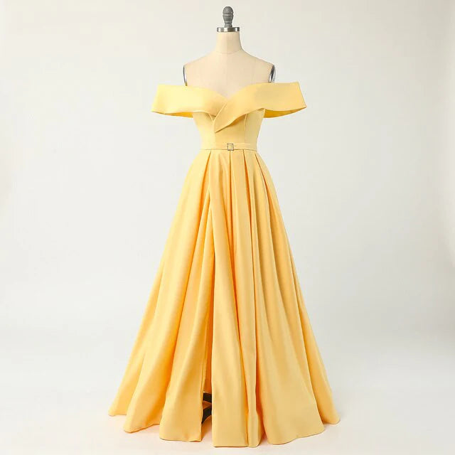 DingJiDress Evening Dresses Off the Shoulder High Split Satin Prom Dresses