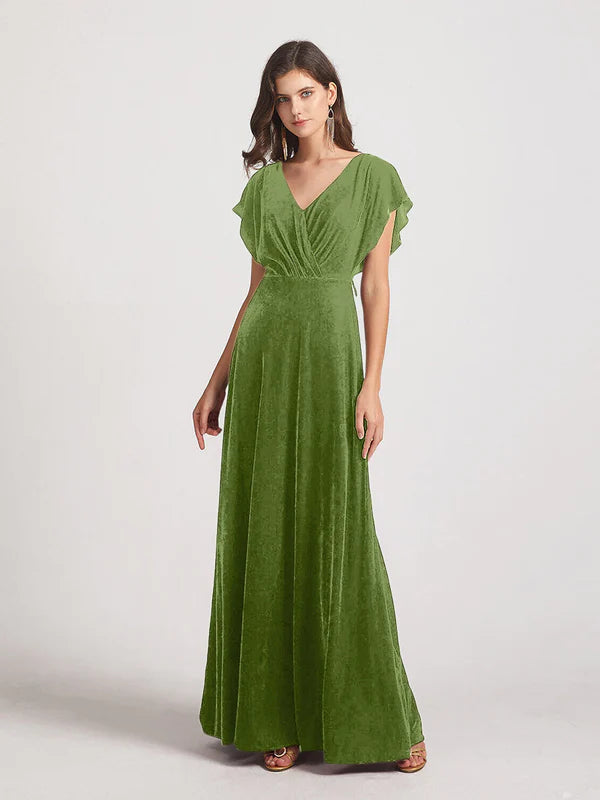 DingJiDress Flutter Sleeve Open Back Velvet Bridesmaid Dresses