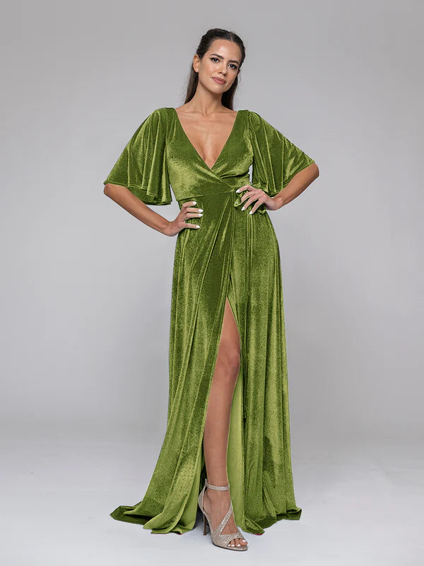 DingJiDress Flutter Sleeve Velvet Wrap Maxi Dress Bridesmaid Dresses