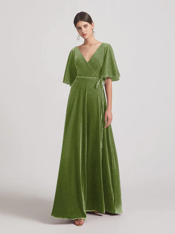 DingJiDress Elbow Length Flutter Sleeve Velvet Maxi Bridesmaid Dresses