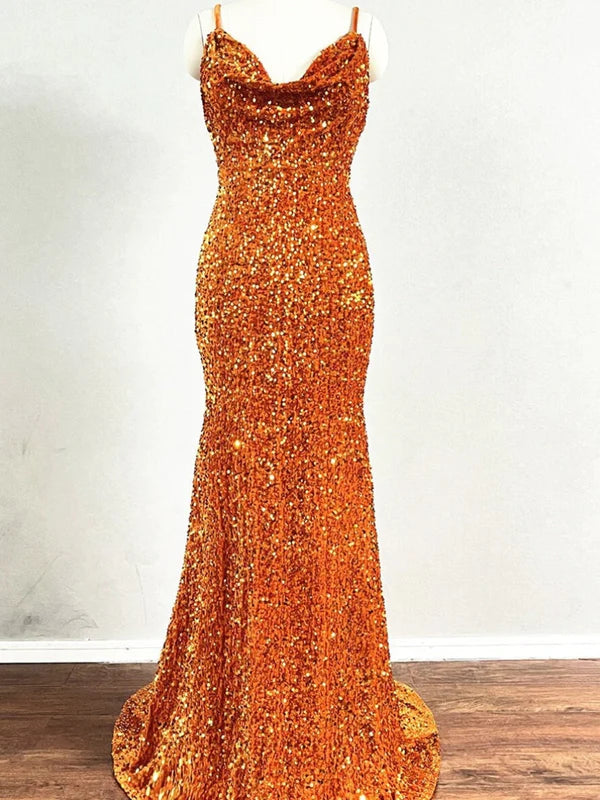 DingJiDress Spaghetti Strap Cowl Neckline Fitted Velvet Sequin Prom Dresses