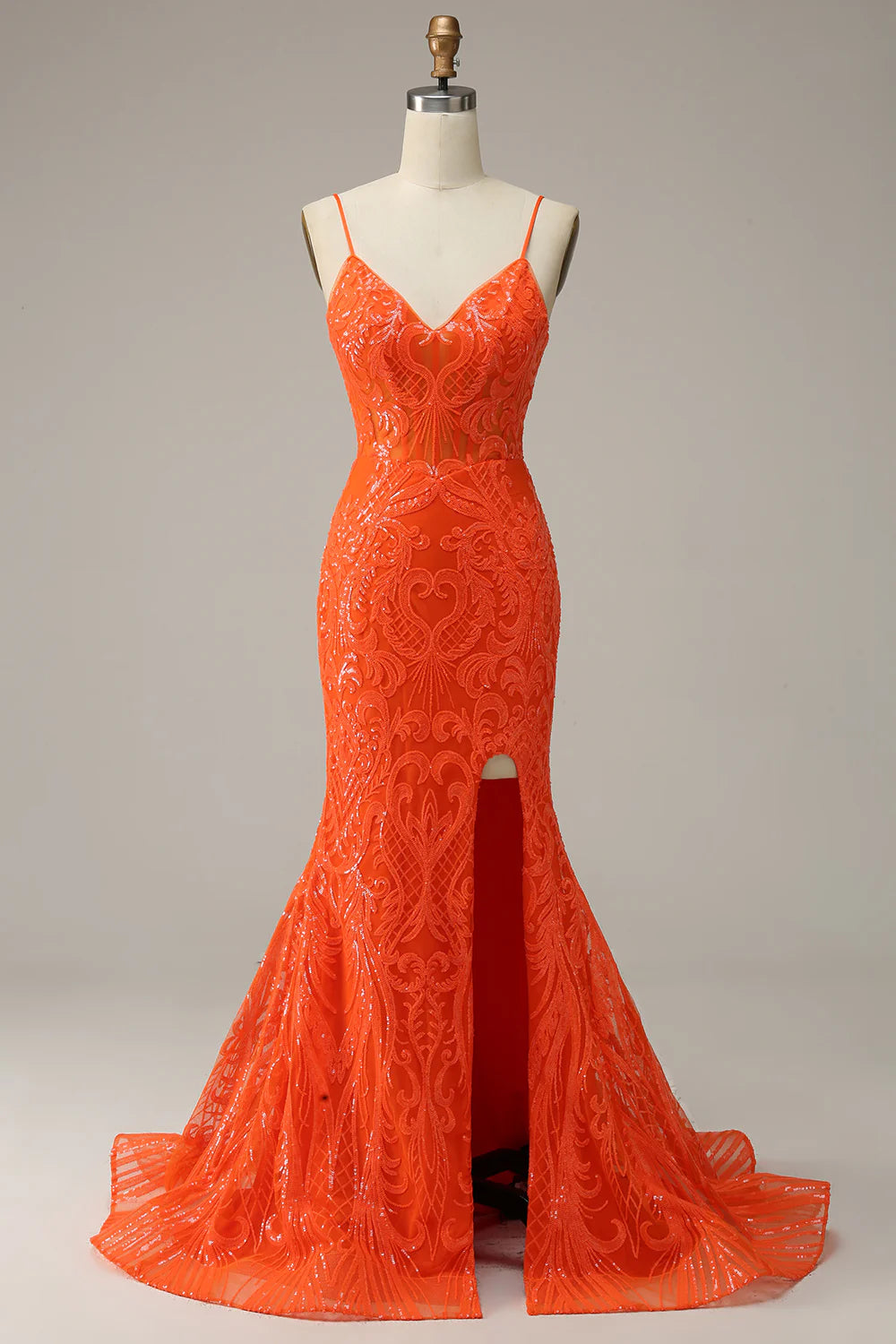 DingJiDress Mermaid Spaghetti Straps Orange Long Prom Dress with Slit Front