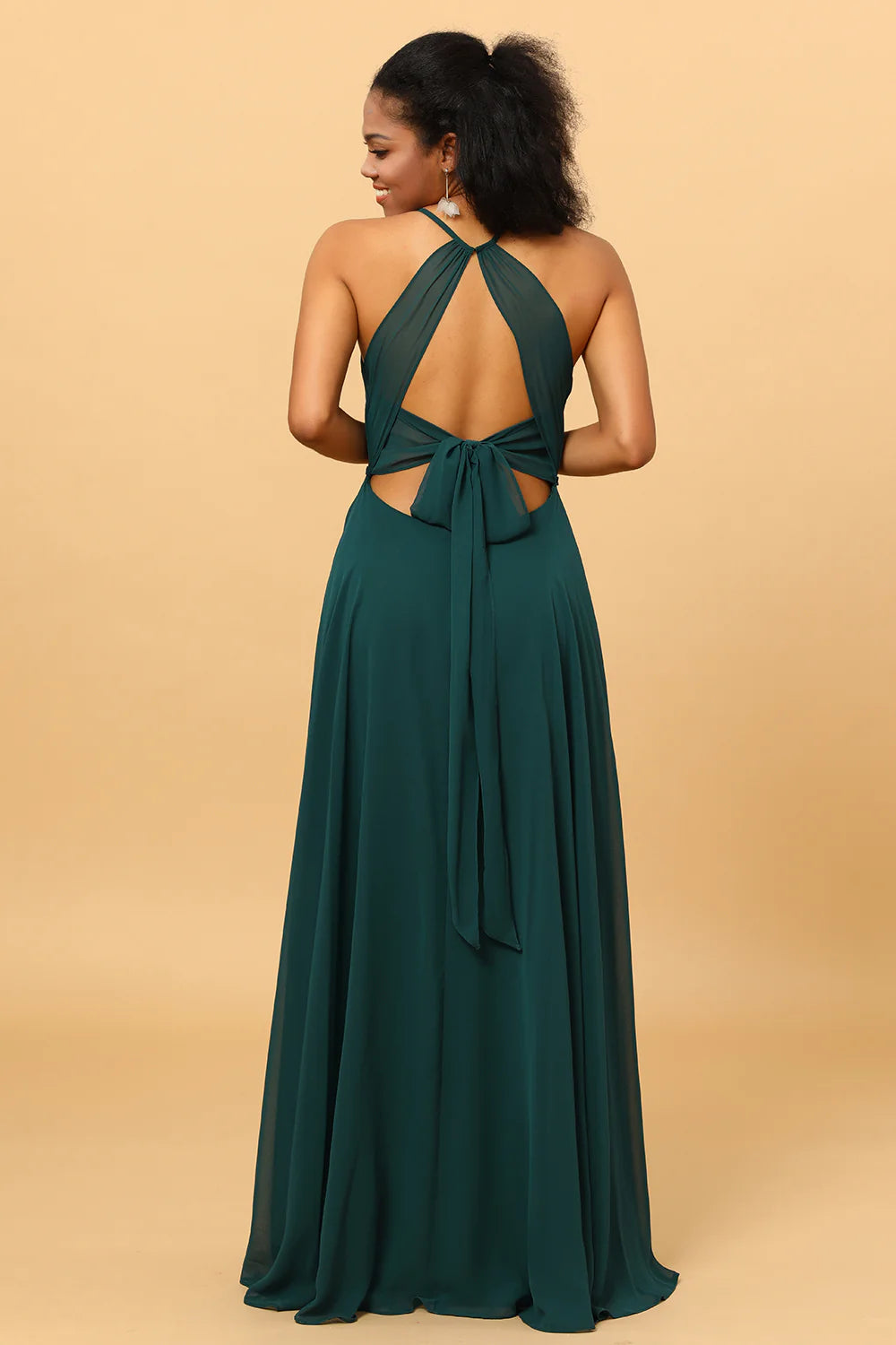 DingJiDress Elegant Pine Long Chiffon Bridesmaid Dress A Line Halter Sleeveless With Slit