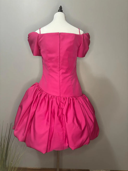 Playful A-Line V Neck Short-Sleeved Floral-Appliqued Hot Pink Mini-Length Prom Dress For Women Ready To Ship