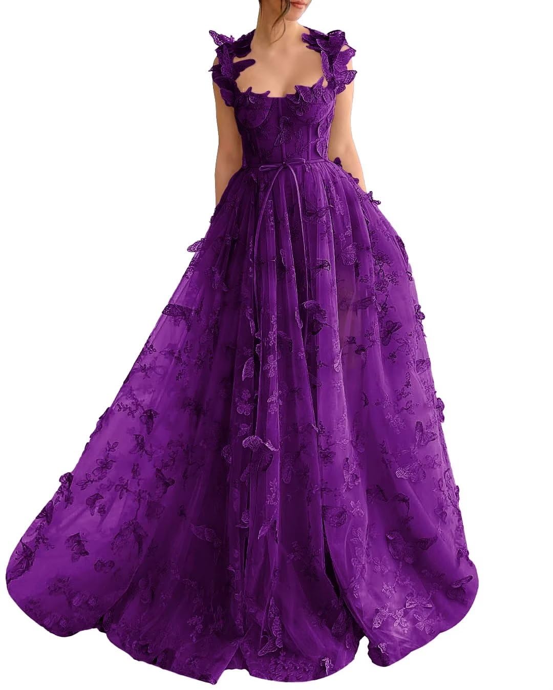 Long Tulle Prom Dress with 3D Butterflies Dress Ball Gown Evening Party Wedding Formal Dress Slit