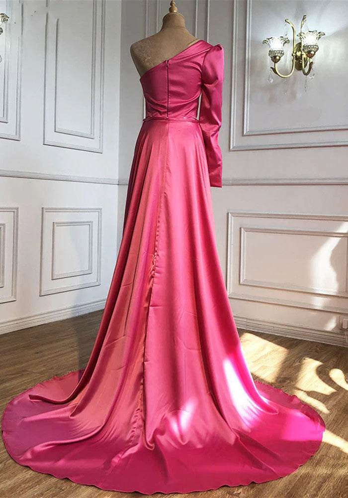 DingJiDress Prom Dresses Plus Size One Shoulder Ruched Bodice Sheath Satin With High Slit