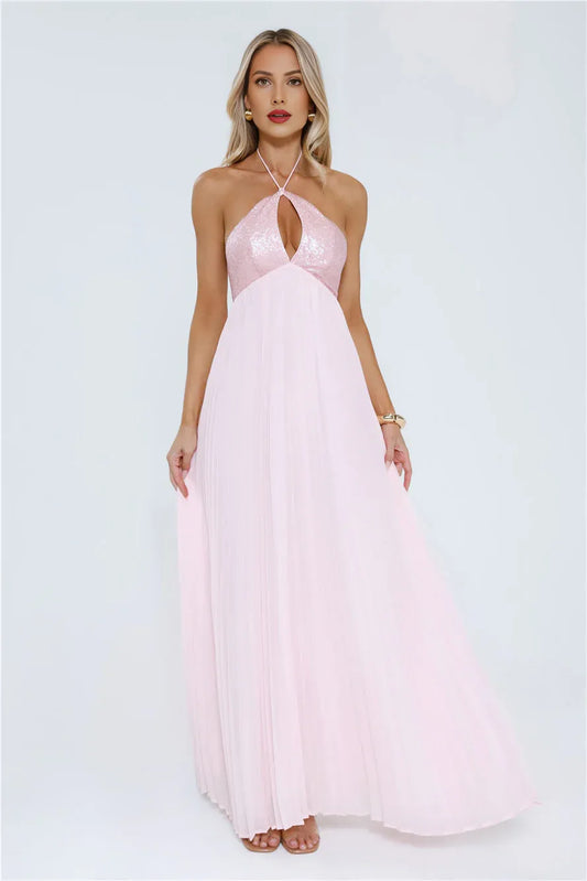 Pretty A-line Halter Tie Open Back Sequin Pink Maxi Porm Dress Ready To Ship