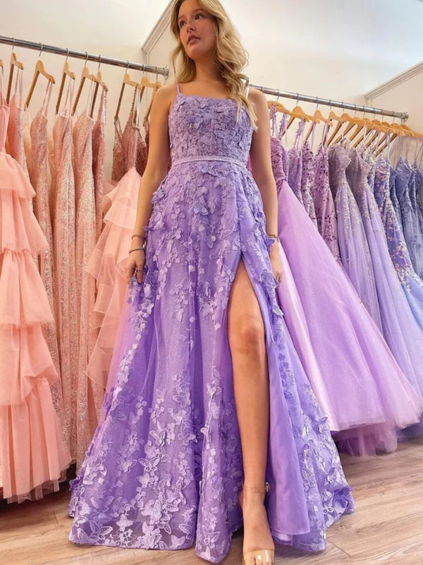 DingJiDress A-line Lace-up Applique Spaghetti Straps Prom Dresses