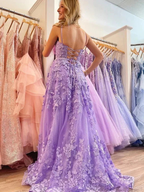 DingJiDress A-line Lace-up Applique Spaghetti Straps Prom Dresses