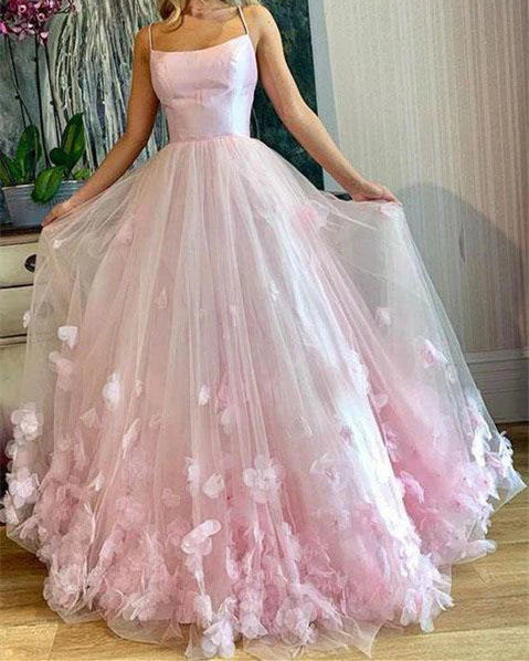 DingJiDress Prom Dresses Spaghetti Straps Scoop Long Dance Dress With Flowers