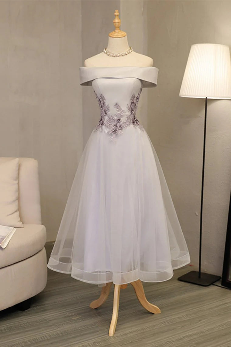 DingJiDress A Line Prom Dresses Boat Neck Tulle With Applique And Handmade Flowers