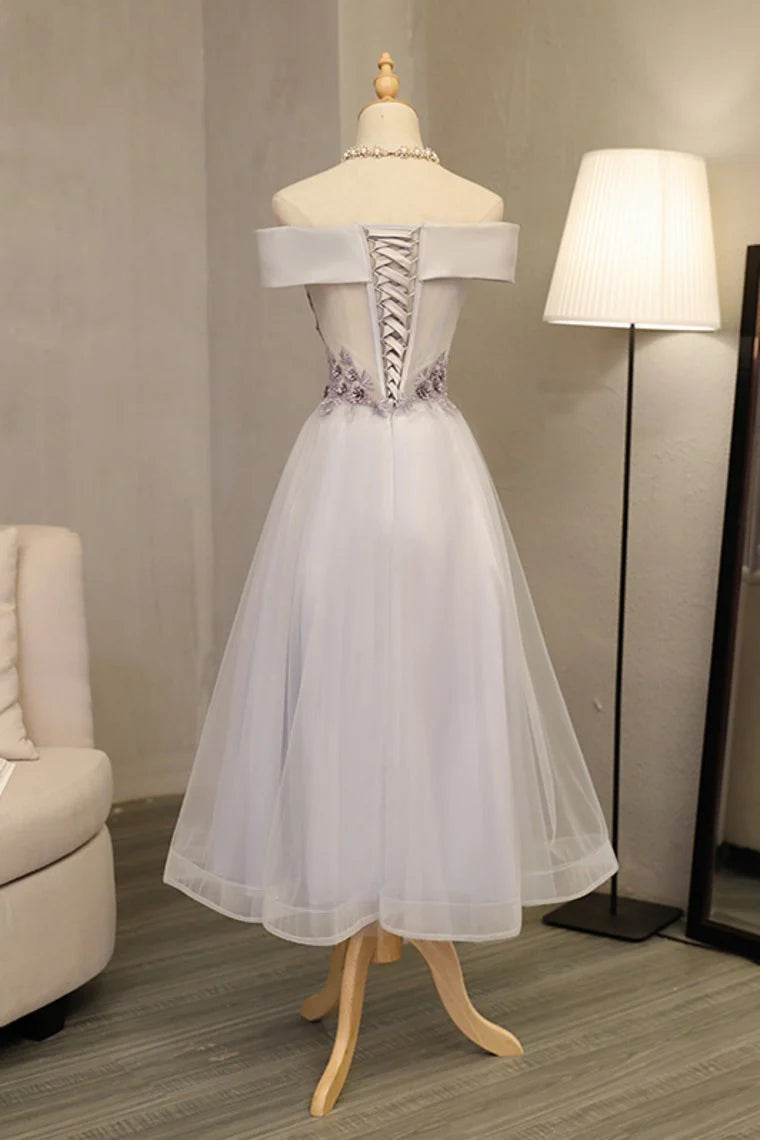 DingJiDress A Line Prom Dresses Boat Neck Tulle With Applique And Handmade Flowers