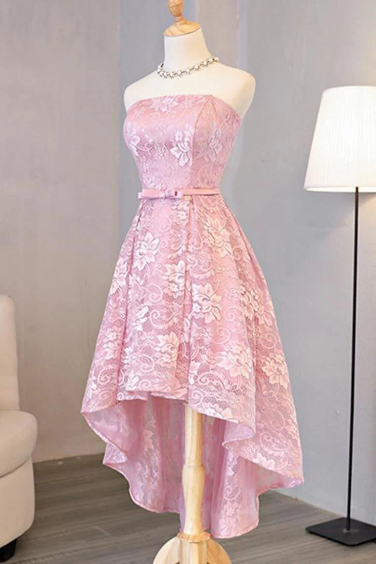 DingJiDress A Line Prom Dresses Strapless Lace With Sash Asymmertical
