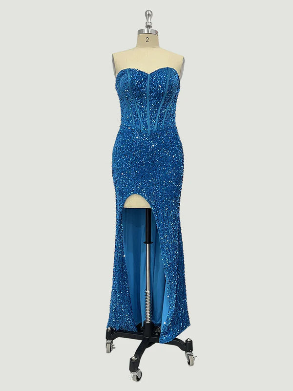 DingJiDress Ocean Blue Velvet Sequin Strapless Fitted Prom Dresses
