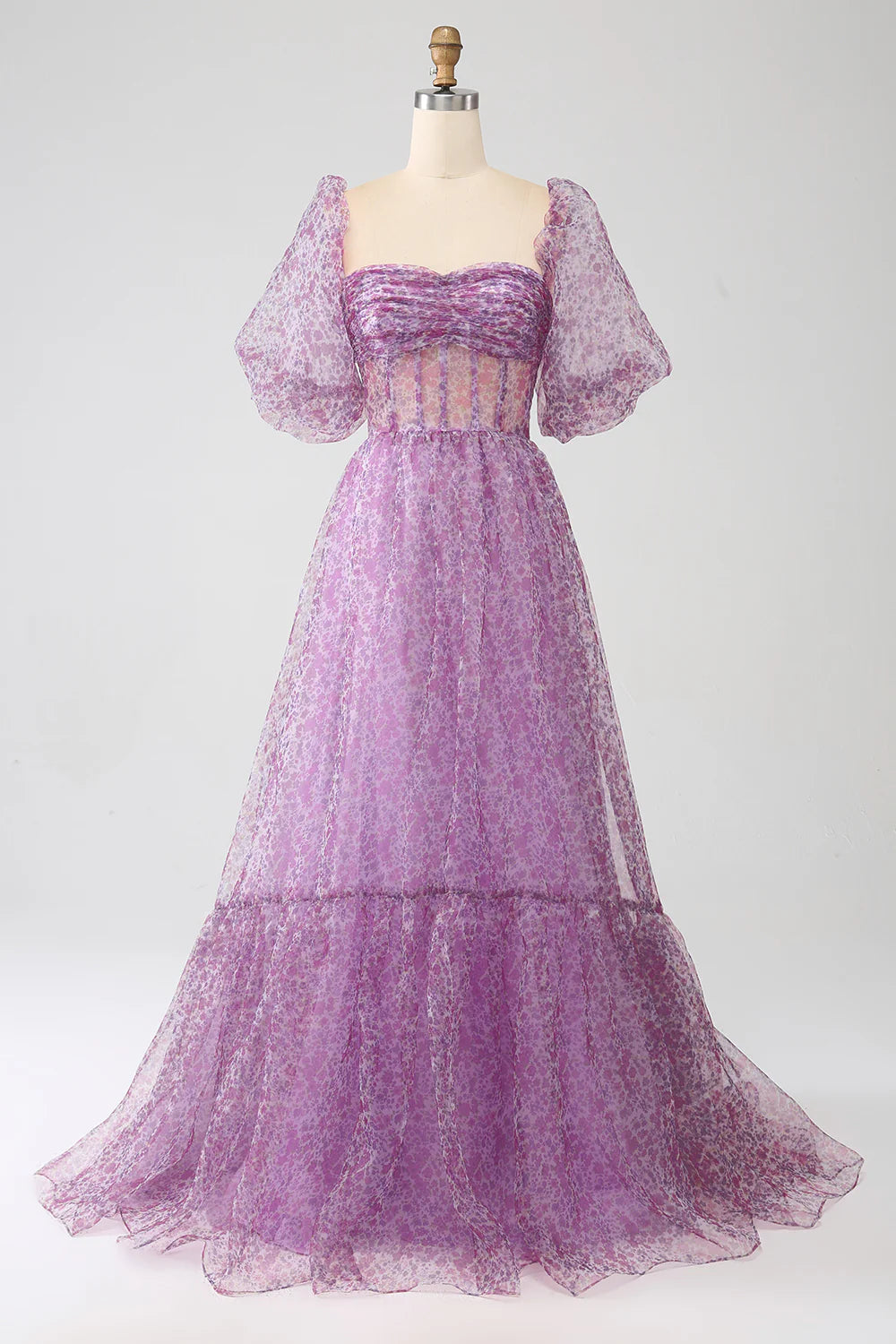 DingJiDress A-Line Square Neck Purple Corset Prom Dress with Half Sleeves