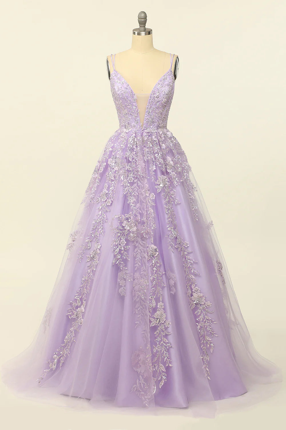 DingJiDress Purple Spaghetti Straps Prom Dress With Appliques