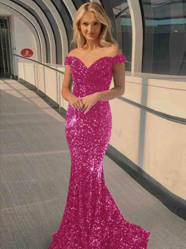 DingJiDress Mermaid Off the Shoulder Sexy Long Velvet Sequin Prom Dress