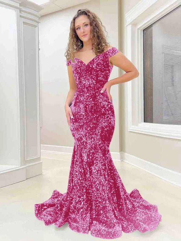 DingJiDress Mermaid Off the Shoulder Sleeveless Long Velvet Sequin Prom Dress