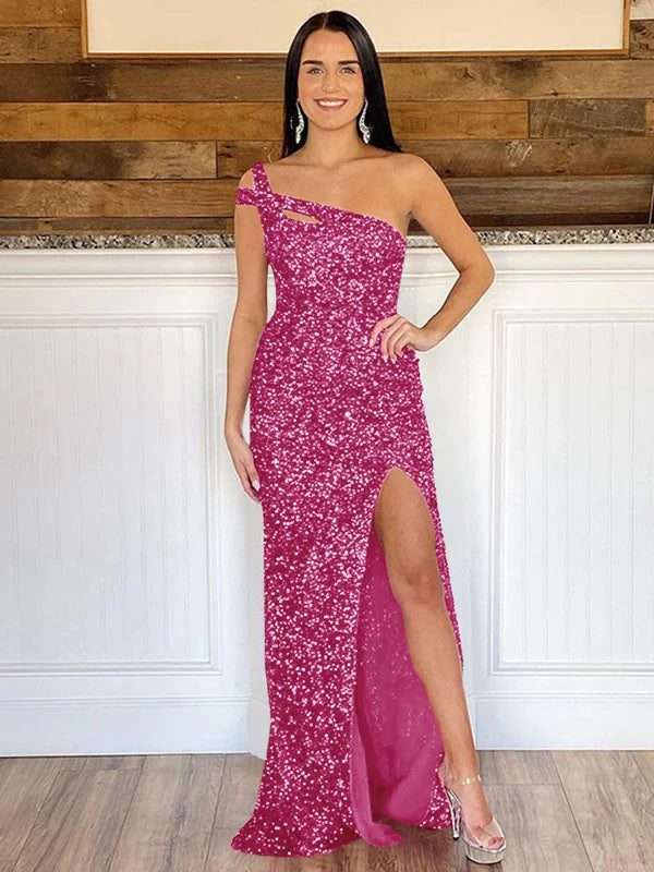 DingJiDress Sheath One Shoulder Sleeveless Long Sweep Train Velvet Sequin Prom Dress