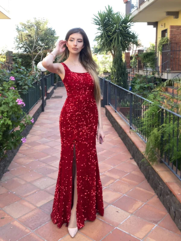 DingJiDress Sexy Fitted Square Sleeveless Long Floor Length Velvet Sequin Prom Dress